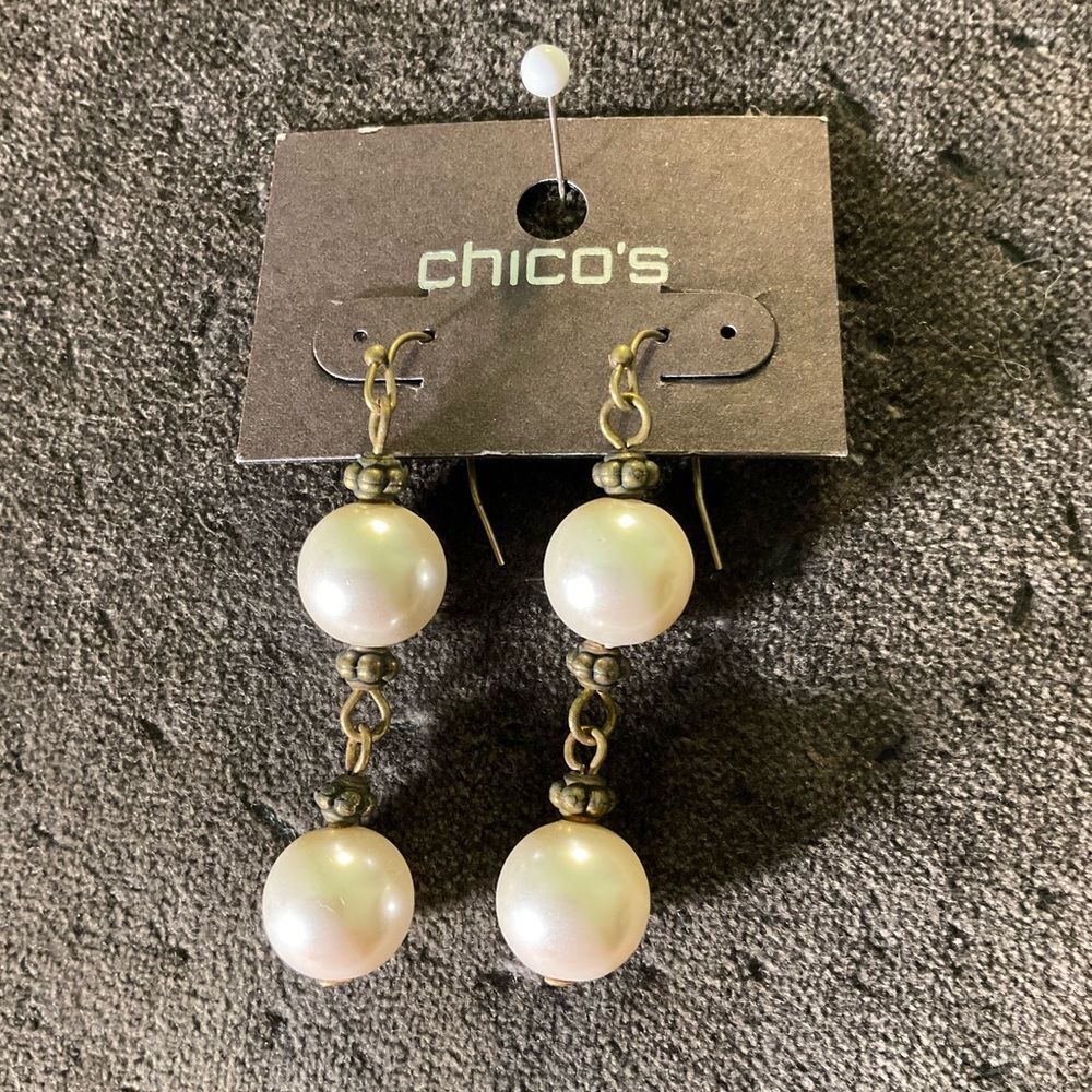0114-Chico's Gold and Cream Dangle Earrings